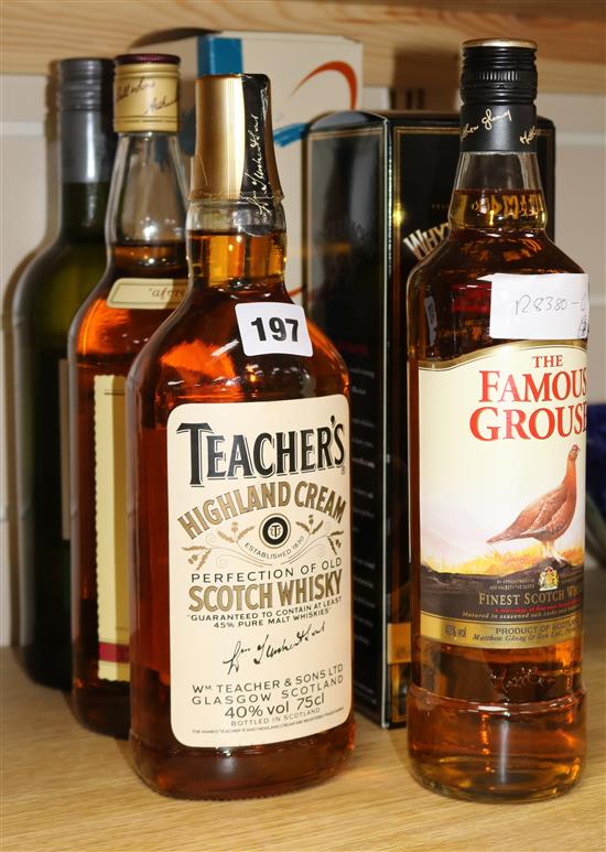Four assorted bottles of whisky includes Bells and Teachers, a bottle of Jerez dry Sherry and bottle of Calvedos.